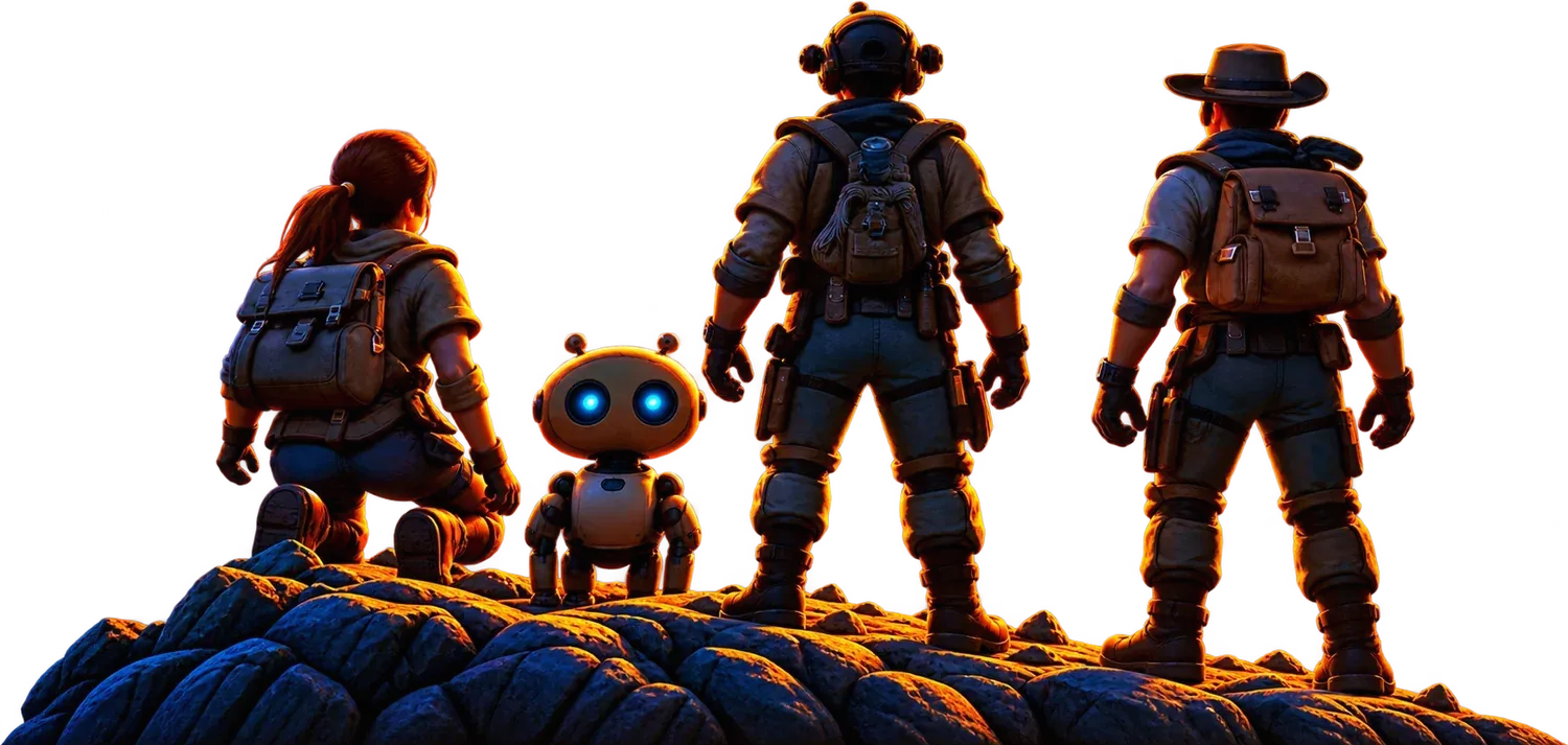 The Game Nock team and their robots on a hilltop