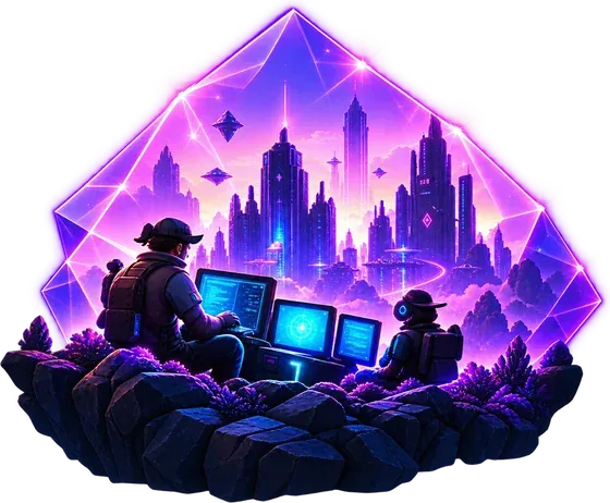 A developer at a holographic console inside a violet portal
